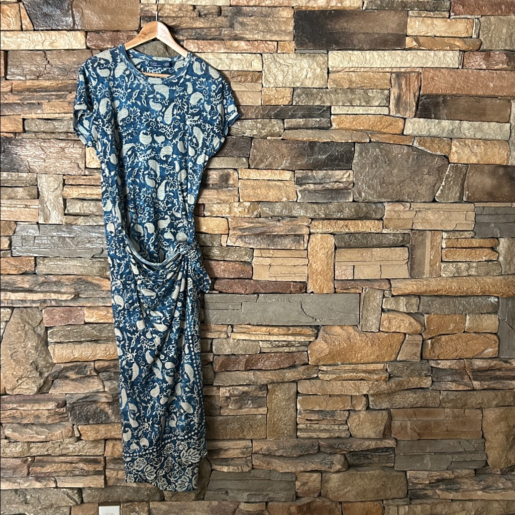 Polo Ralph Lauren Floral Midi Faux Wrap In Blue And Cream Linen Size M